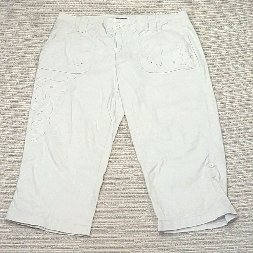 GLORIA VANDERBILT SKIMMER CAPRI PANTS SHORTS BEIGE EMBROIDERED RHINESTONE SIZE